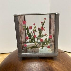 Vintage 90’s Leaded Zinc Glass Candle Holder Pink Pressed flowers Burnes Brand